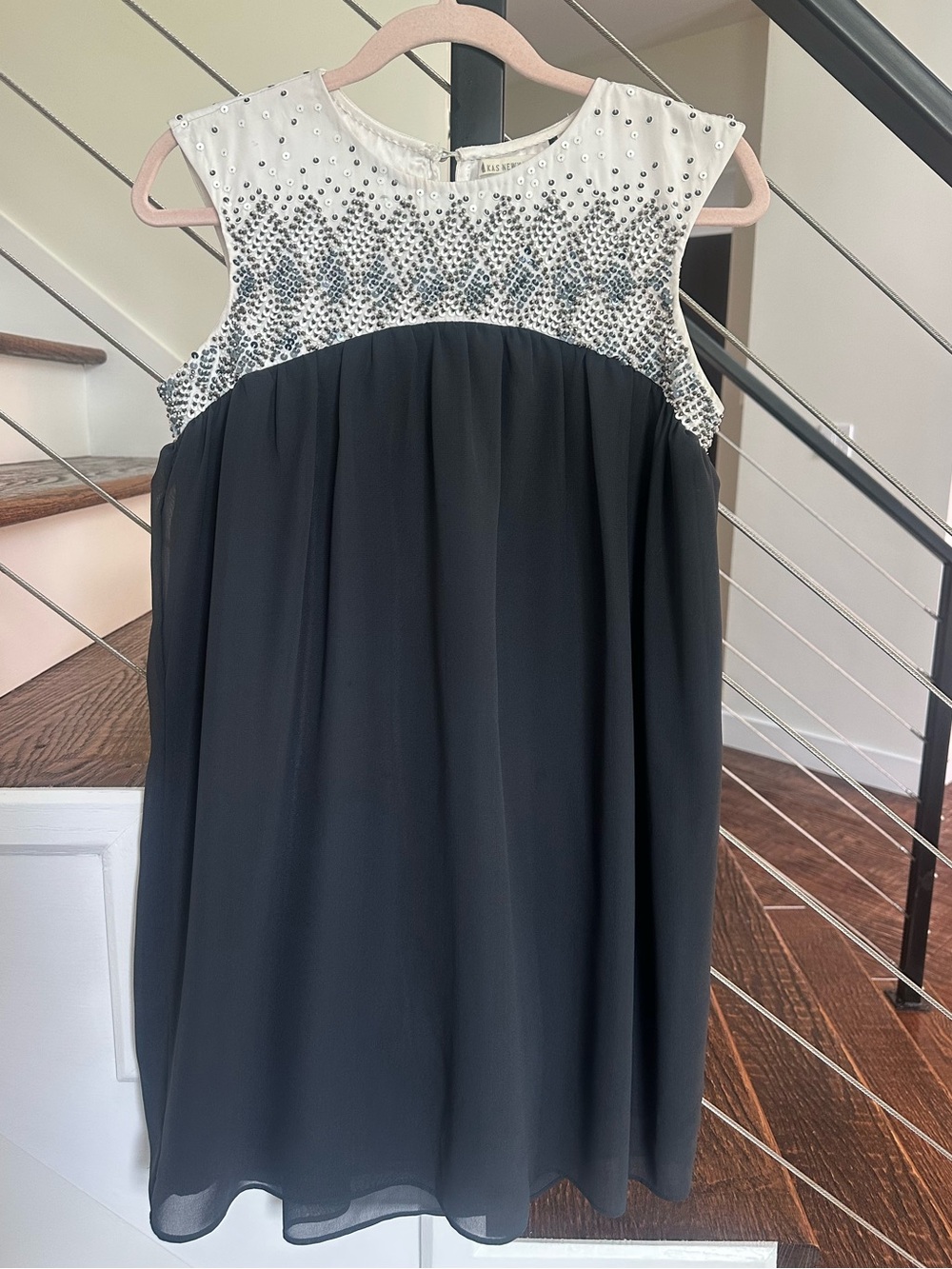Anthropologie KAS New York Embellished Chiffon Dress Black Ivory| Size XS Petite